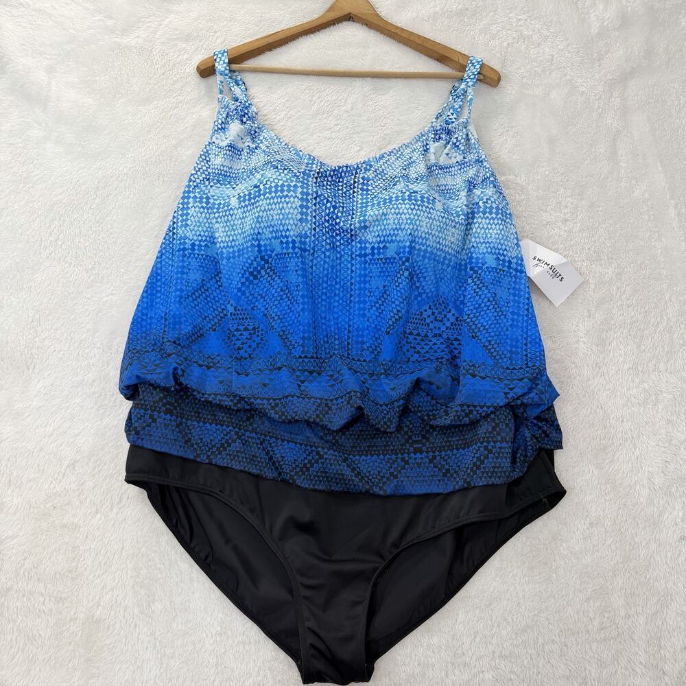 Swimsuits for All Loop Blouson One Piece Swimsuit Size 26 Blue Geometric NWT - Picture 3 of 15